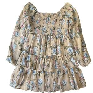 Madden NYC Women Dress XL Beige Floral Fit & Flare Chiffon Cottagecore Ruffle